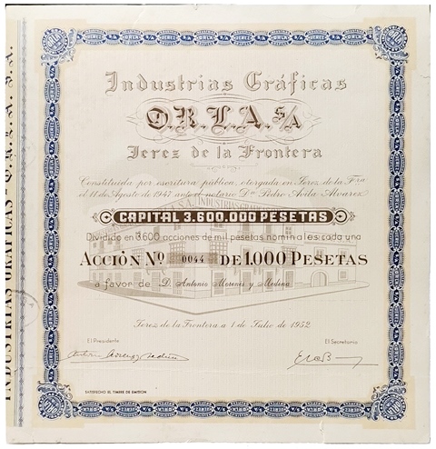 INDUSTRIAS GRAFICAS ORLA,S.A. CAPITAL 3.600.000 PTAS. ACCION Nº 0044 1000 PTAS. JEREZ 1952