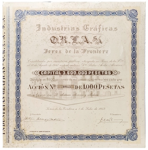 INDUSTRIAS GRAFICAS ORLA,S.A. CAPITAL 3.600.000 PTAS. ACCION Nº 0043 1000 PTAS. JEREZ 1952