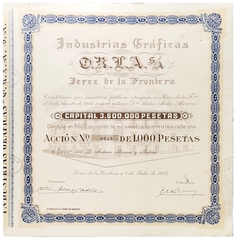 INDUSTRIAS GRAFICAS ORLA,S.A. CAPITAL 3.600.000 PTAS. ACCION Nº 0048 1000 PTAS. JEREZ 1952