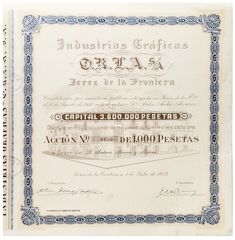 INDUSTRIAS GRAFICAS ORLA,S.A. CAPITAL 3.600.000 PTAS. ACCION Nº 0050 1000 PTAS. JEREZ 1952