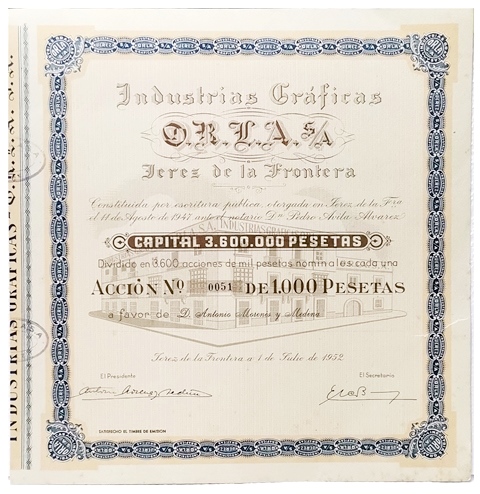 INDUSTRIAS GRAFICAS ORLA,S.A. CAPITAL 3.600.000 PTAS. ACCION Nº 0051 1000 PTAS. JEREZ 1952