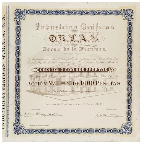 INDUSTRIAS GRAFICAS ORLA,S.A. CAPITAL 3.600.000 PTAS. ACCION Nº 0049 1000 PTAS. JEREZ 1952