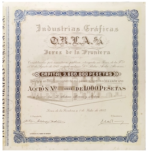 INDUSTRIAS GRAFICAS ORLA,S.A. CAPITAL 3.600.000 PTAS. ACCION Nº 0041 1000 PTAS. JEREZ 1952