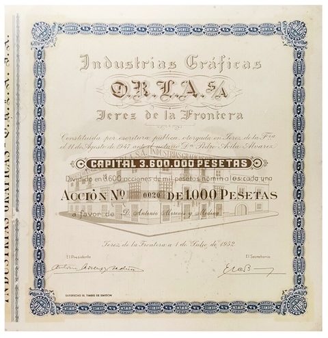 INDUSTRIAS GRAFICAS ORLA,S.A. CAPITAL 3.600.000 PTAS. ACCION Nº 0020 1000 PTAS. JEREZ 1952