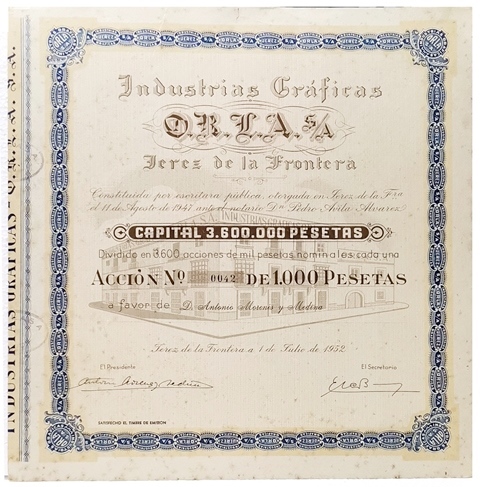 INDUSTRIAS GRAFICAS ORLA,S.A. CAPITAL 3.600.000 PTAS. ACCION Nº 0042 1000 PTAS. JEREZ 1952