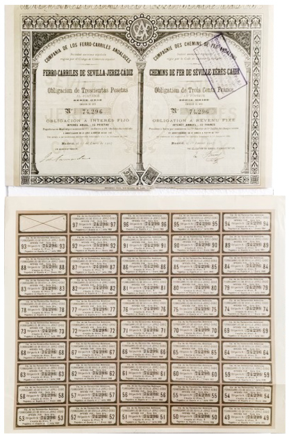 Cº. FERRO-CARRILES ANDALUCES DE SEVILLA-CADIZ OBLIGACION 300 PTAS. Nº 74.296 MADRID 1907