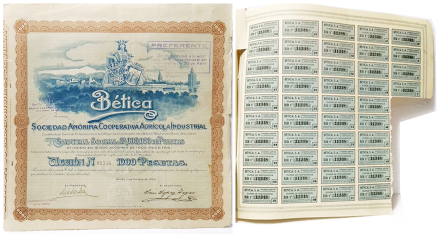 BETICA S.A. COOP. AGRICOLA INDUSTRIAL CAPITAL 12.000.000 PTAS. Nº 11348 100 PTAS. SEVILLA 1926