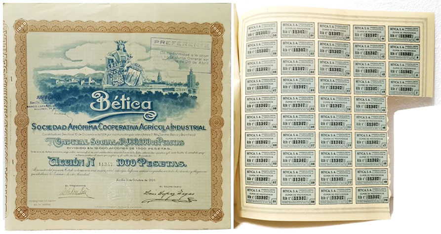 BETICA S.A. COOP. AGRICOLA INDUSTRIAL CAPITAL 12.000.000 PTAS. Nº 11347 100 PTAS. SEVILLA 1926