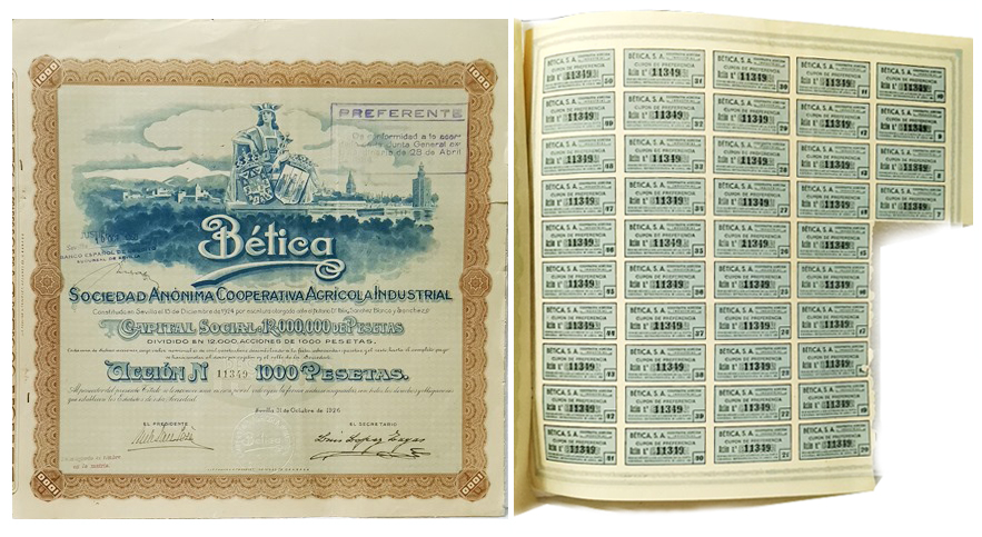 BETICA S.A. COOP. AGRICOLA INDUSTRIAL CAPITAL 12.000.000 PTAS. Nº 11349 100 PTAS. SEVILLA 1926