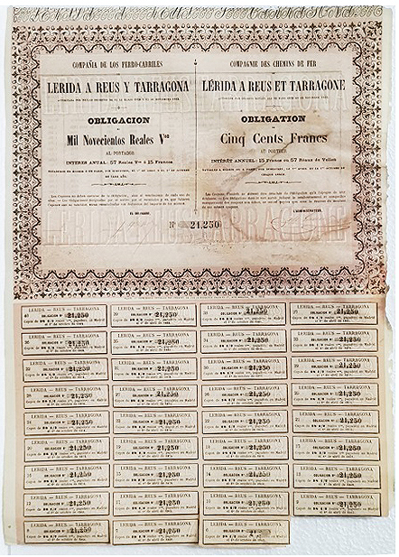 Cº. DE FERRO-CARRILES LERIDA A REUS Y TARRAGONA 1.900 REALES Nº 21250 CUPON 6 AL 40