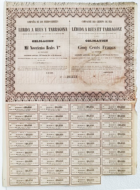 Cº. DE FERRO-CARRILES LERIDA A REUS Y TARRAGONA 1.900 REALES Nº 21251 CUPON 6 AL 40