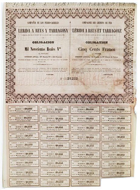 Cº. DE FERRO-CARRILES LERIDA A REUS Y TARRAGONA 1.900 REALES Nº 21252 CUPON 6 AL 40