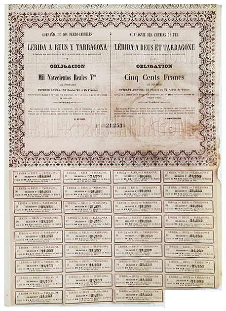 Cº. DE FERRO-CARRILES LERIDA A REUS Y TARRAGONA 1.900 REALES Nº 21253 CUPON 6 AL 40