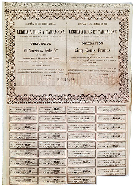 Cº. DE FERRO-CARRILES LERIDA A REUS Y TARRAGONA 1.900 REALES Nº 21254 CUPON 6 AL 40