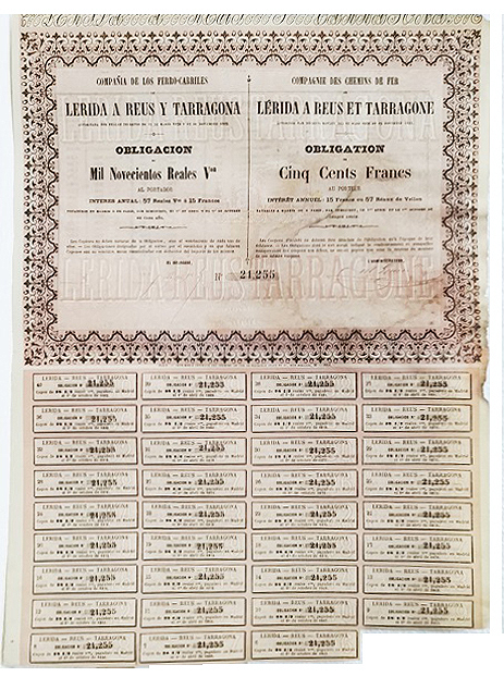 Cº. DE FERRO-CARRILES LERIDA A REUS Y TARRAGONA 1.900 REALES Nº 21255 CUPON 6 AL 40