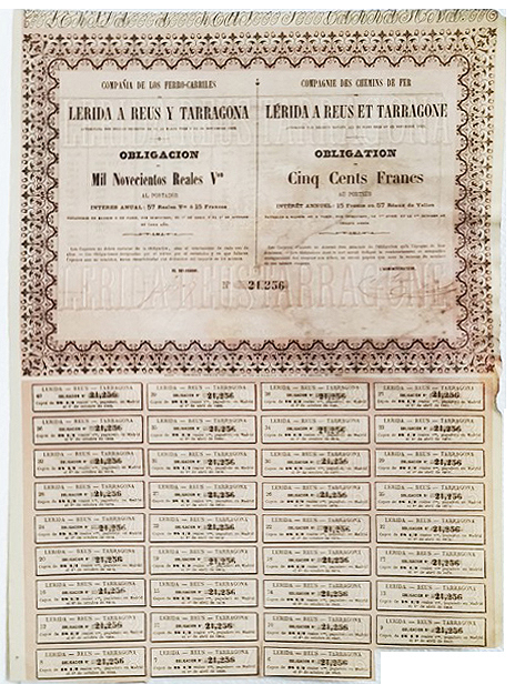 Cº. DE FERRO-CARRILES LERIDA A REUS Y TARRAGONA 1.900 REALES Nº 21256 CUPON 6 AL 40