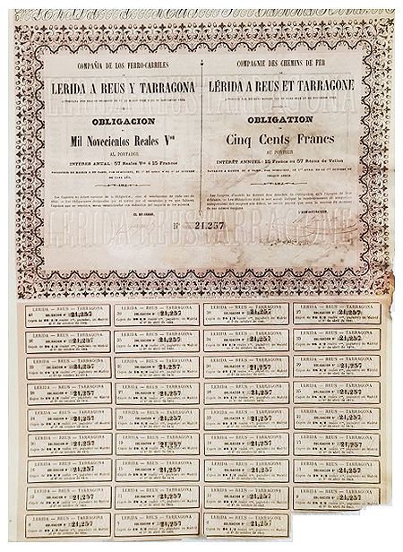Cº. DE FERRO-CARRILES LERIDA A REUS Y TARRAGONA 1.900 REALES Nº 21257 CUPON 6 AL 40
