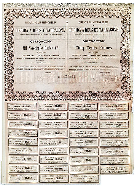 Cº. DE FERRO-CARRILES LERIDA A REUS Y TARRAGONA 1.900 REALES Nº 21258 CUPON 6 AL 40
