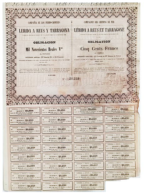 Cº. DE FERRO-CARRILES LERIDA A REUS Y TARRAGONA 1.900 REALES Nº 21259 CUPON 6 AL 40
