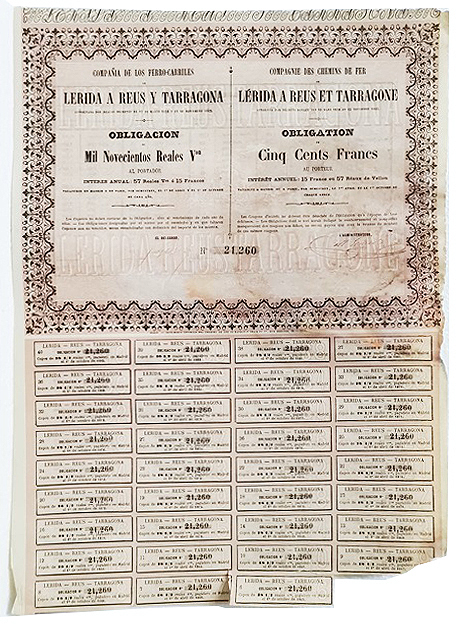 Cº. DE FERRO-CARRILES LERIDA A REUS Y TARRAGONA 1.900 REALES Nº 21260 CUPON 6 AL 40