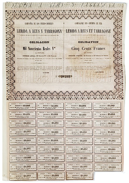 Cº. DE FERRO-CARRILES LERIDA A REUS Y TARRAGONA 1.900 REALES Nº 21283 CUPON 6 AL 40