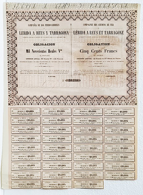 Cº. DE FERRO-CARRILES LERIDA A REUS Y TARRAGONA 1.900 REALES Nº 21284 CUPON 6 AL 40