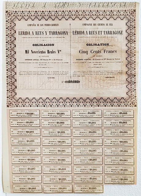 Cº. DE FERRO-CARRILES LERIDA A REUS Y TARRAGONA 1.900 REALES Nº 21285 CUPON 6 AL 40