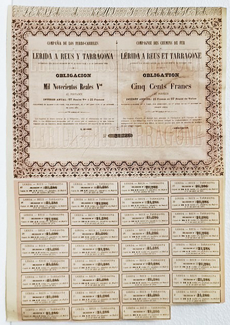 Cº. DE FERRO-CARRILES LERIDA A REUS Y TARRAGONA 1.900 REALES Nº 21286 CUPON 6 AL 40