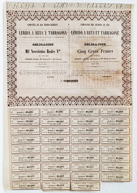 Cº. DE FERRO-CARRILES LERIDA A REUS Y TARRAGONA 1.900 REALES Nº 21287 CUPON 6 AL 40