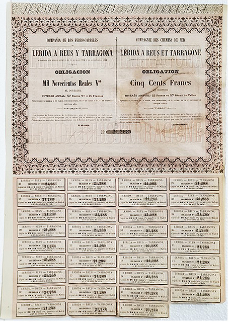 Cº. DE FERRO-CARRILES LERIDA A REUS Y TARRAGONA 1.900 REALES Nº 21288 CUPON 6 AL 40