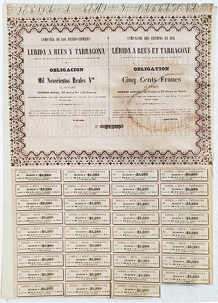 Cº. DE FERRO-CARRILES LERIDA A REUS Y TARRAGONA 1.900 REALES Nº 21289 CUPON 6 AL 40