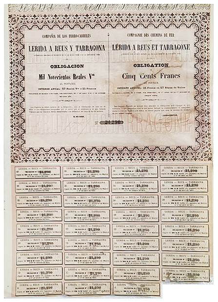 Cº. DE FERRO-CARRILES LERIDA A REUS Y TARRAGONA 1.900 REALES Nº 21290 CUPON 6 AL 40