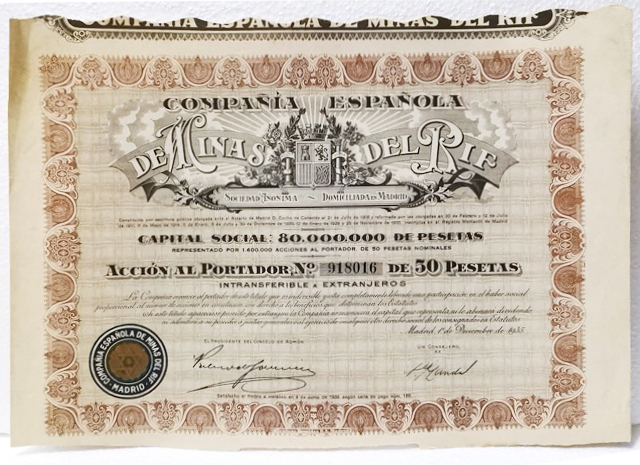 Cº. ESPAÑOLA DE MINAS DEL RIF CAPITAL 80 MILLONES ACCION Nº 918016 50 PTAS MADRID, 1935