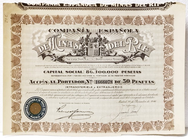 Cº. ESPAÑOLA DE MINAS DEL RIF CAPITAL 86.300.000 MILL. ACC. Nº 1666078 50 PTAS MADRID, 1946