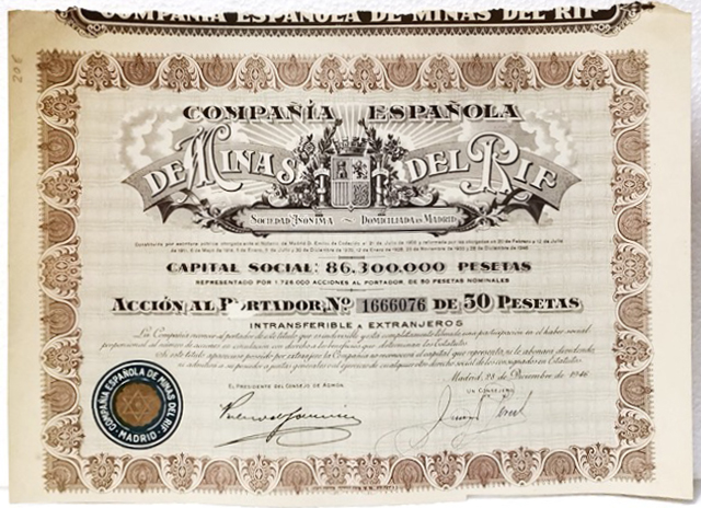 Cº. ESPAÑOLA DE MINAS DEL RIF CAPITAL 86.300.000 MILL. ACC. Nº 1666076 50 PTAS MADRID, 1946