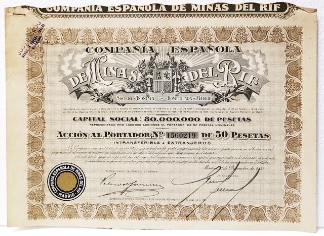 Cº. ESPAÑOLA DE MINAS DEL RIF CAPITAL 80 MILLONES ACCION Nº 1560219 50 PTAS MADRID, 1935
