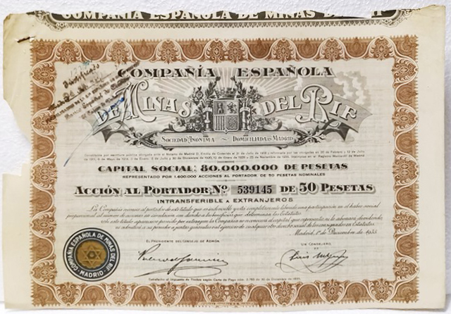 Cº. ESPAÑOLA DE MINAS DEL RIF CAPITAL 80 MILLONES ACCION Nº 539145 50 PTAS MADRID, 1935