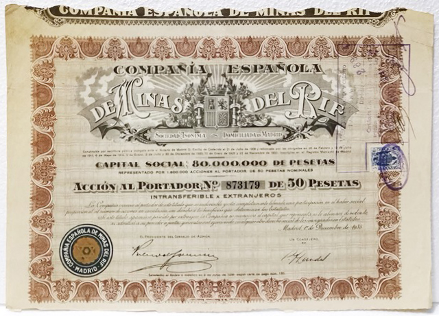 Cº. ESPAÑOLA DE MINAS DEL RIF CAPITAL 80 MILLONES ACCION Nº 873179 50 PTAS MADRID, 1935