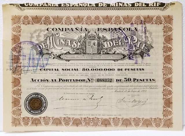 Cº. ESPAÑOLA DE MINAS DEL RIF CAPITAL 80 MILLONES ACCION Nº 088352 50 PTAS MADRID, 1928
