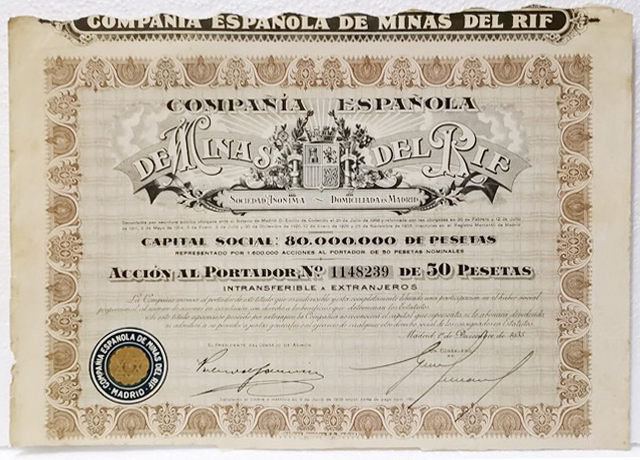 Cº. ESPAÑOLA DE MINAS DEL RIF CAPITAL 80 MILLONES ACCION Nº 1148239 50 PTAS MADRID, 1935
