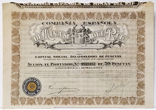 Cº. ESPAÑOLA DE MINAS DEL RIF CAPITAL 80 MILLONES ACCION Nº 1548487 50 PTAS MADRID, 1935