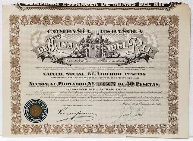 Cº. ESPAÑOLA DE MINAS DEL RIF CAPITAL 80 MILLONES ACCION Nº 1666077 50 PTAS MADRID, 1946