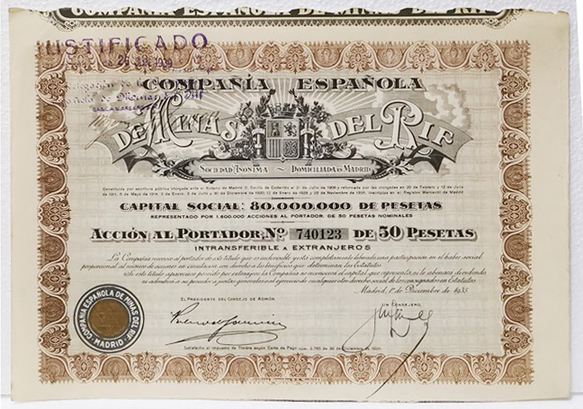 Cº. ESPAÑOLA DE MINAS DEL RIF CAPITAL 80 MILLONES ACCION Nº 740123 50 PTAS MADRID, 1935