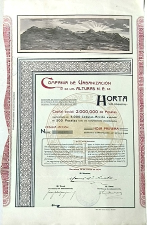 COMPAÑÍA DE URBANIZACION DE LAS ALTURAS N.E. DE HORTA LAS ROQUETAS ACCION 500 PTAS. BARCELONA, 1904