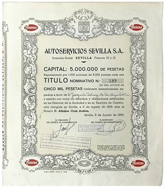 AUTOSERVICIOS SEVILLA, S.A.(AUSESA) CAPITAL 5.000000 PTAS. ACCION  5000 PTAS.AGOSTO 1959
