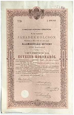 A. MAYGAR KORONA ORSZAGAL 1000 KORONAROL. Nº 406.844 BUDAPESTEN AÑO 1892