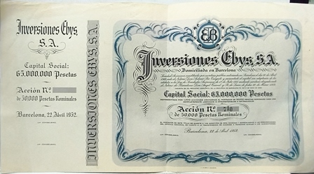 INVERSIONES EBUS, S.A. CAPITAL SOCIAL 65 MILLONES ACCION Nº 710 50000 PTAS. BARCELONA 1952