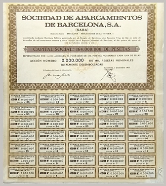 SOCIEDAD DE APARCAMIENTOS DE BARCELONA, S.A. (SABA) CAPITAL 164 MILLONES. BARCELONA 1965