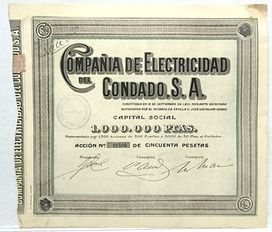 COMPAÑÍA DE ELECTRICIDAD CONDADO, S.A. CAPITAL 1 MILLON PTAS. ACCION 01509 DE 50 PTAS SEVILLA 1921