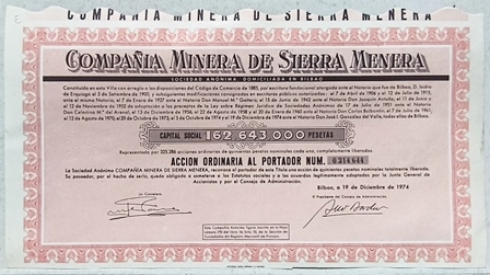 COMPAÑÍA MINERA DE SIERRA MENERA CAPITAL 162.643.000 PTAS. ACCION Nº 0314644 BILBAO 1974